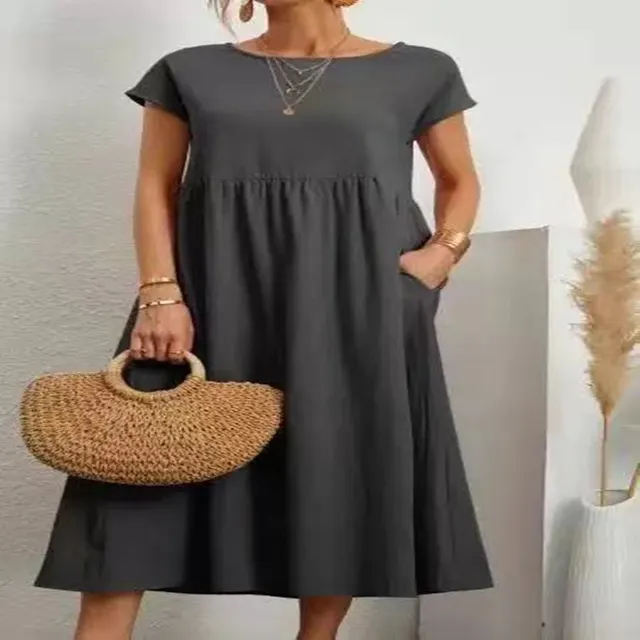 European And American Solid Color Sleeveless Loose Cotton Linen Pocket Dress Dark Grey - Shop at LoveMi