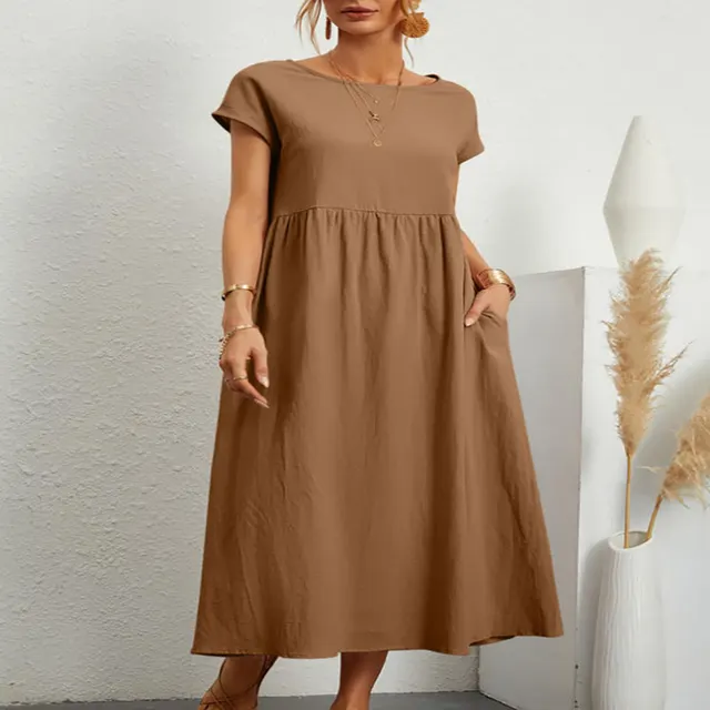 European And American Solid Color Sleeveless Loose Cotton Linen Pocket Dress Khaki - Shop at LoveMi