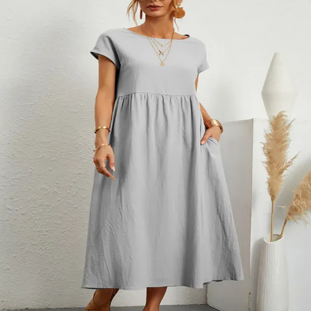 European And American Solid Color Sleeveless Loose Cotton Linen Pocket Dress Silver - Shop at LoveMi