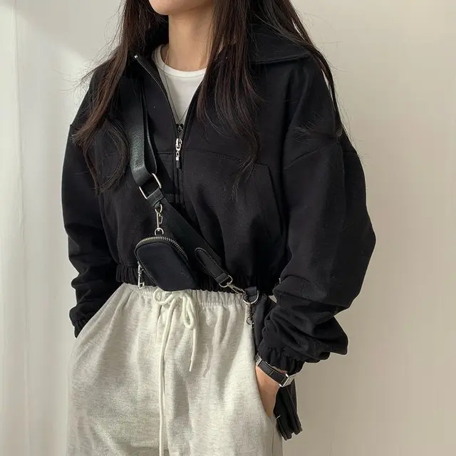 Student Loose Solid Color Zipper Cardigan Sweater Female 663 Black Thin - Shop at LoveMi