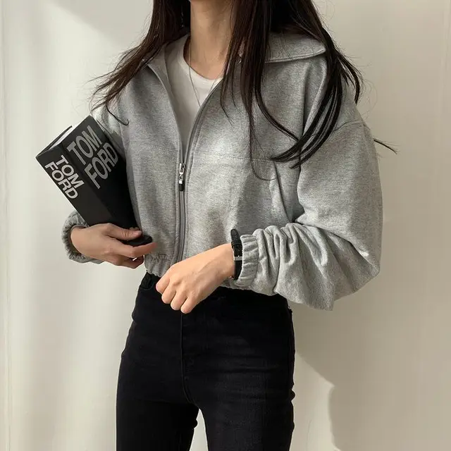Student Loose Solid Color Zipper Cardigan Sweater Female 663 Dark Gray Velvet - Shop at LoveMi