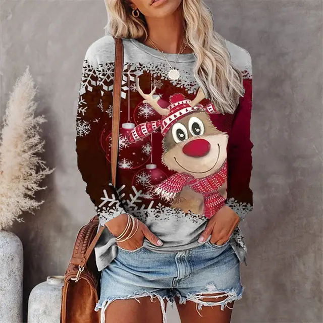 Round Neck Christmas T shirt Printed Long Sleeve Top Wine Red - Shop at LoveMi