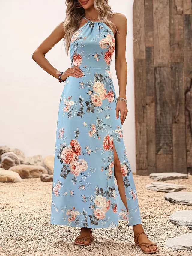European And American Flower Floral Print Slit Halter Dress Blue Background Pink Flower - Shop at LoveMi