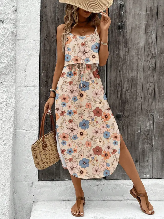 Female Leisure European And American Printing Slip Dress Apricot Flower - Shop at LoveMi