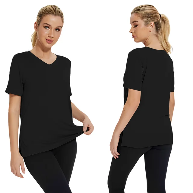 Short Sleeve Loose Split Top Solid Color Women's Clothing Black - Shop at LoveMi