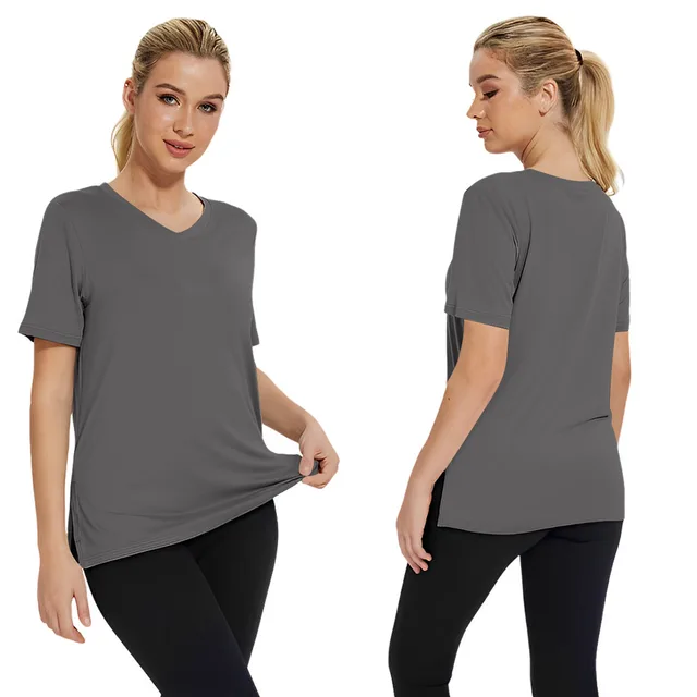 Short Sleeve Loose Split Top Solid Color Women's Clothing Dark Gray - Shop at LoveMi