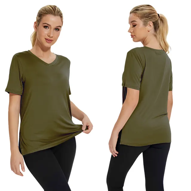 Short Sleeve Loose Split Top Solid Color Women's Clothing Olive Green - Shop at LoveMi