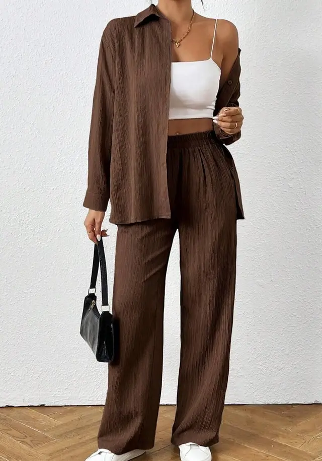 Solid Color Long Sleeved Shirt And Pants Set Coffee - Shop at LoveMi