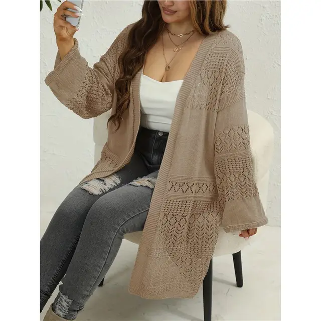 Plus Size Women's Hollow All match Knitted Cardigan Khaki - Shop at LoveMi