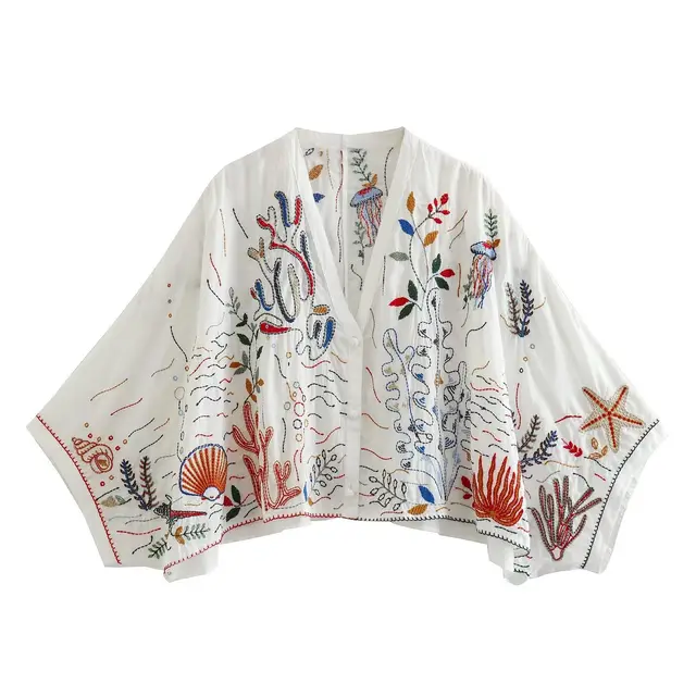 Women's V neck Embroidery Cotton Shirt Shirt - Shop at LoveMi