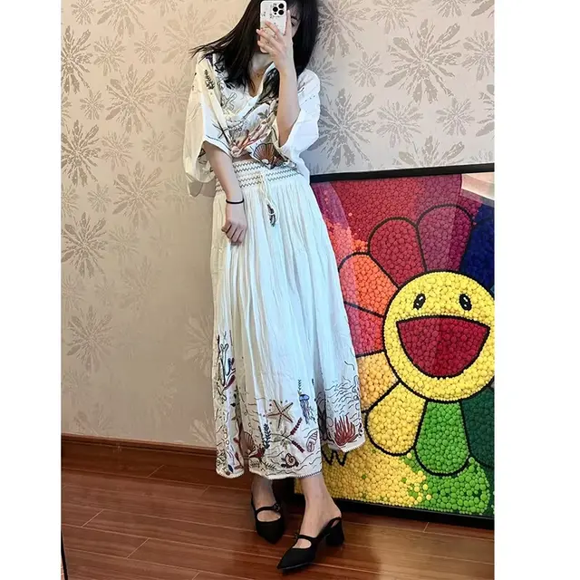 Women's V neck Embroidery Cotton Shirt Suit - Shop at LoveMi