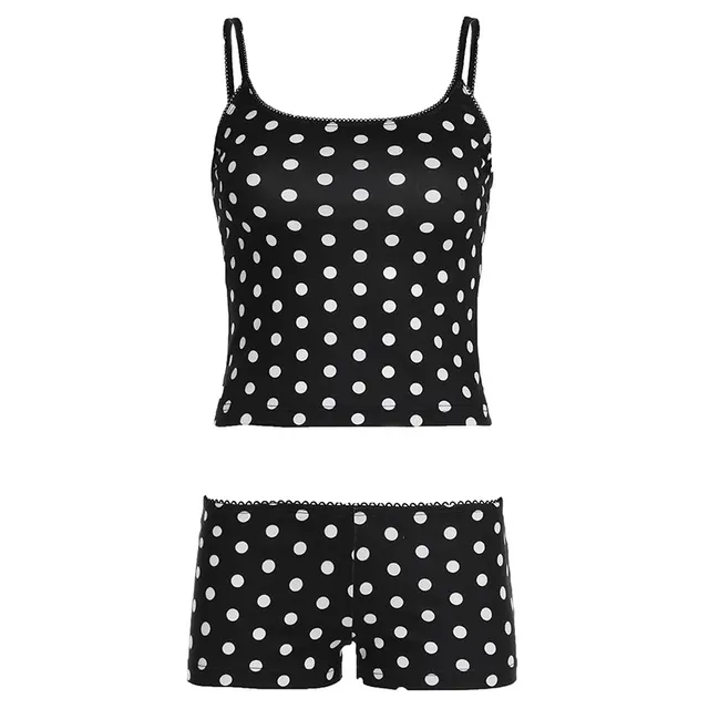 Polka Dot Print Contrast Color Lace Basic Style Midriff baring Small Sling High Waist Shorts Sexy Casual Suit Black - Shop at LoveMi