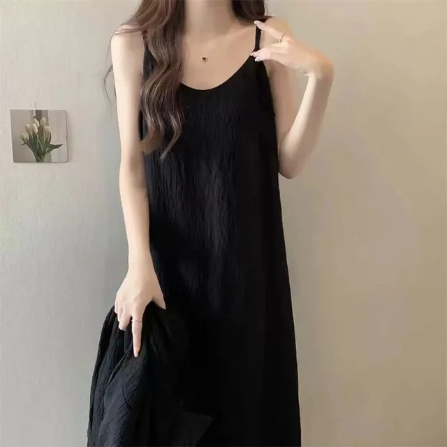 Summer Loose Temperament New Skirt Long Slimming French Style Sexy Suspenders Dress Black Bottom Hem Edging - Shop at LoveMi