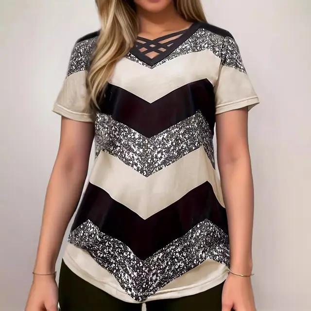 Women's Cross V neck Striped Elegant Casual Short sleeved T shirt Apricot - Shop at LoveMi