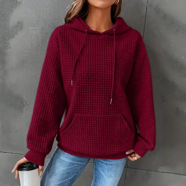 Women's Loose Fitting Hooded Long Sleeved Sweatshirt Wine Red - Shop at LoveMi