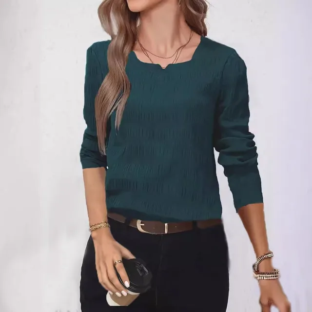 Women's Clothes Hot selling Solid Color Pleated Long sleeved Shirt Peacock Green - Shop at LoveMi