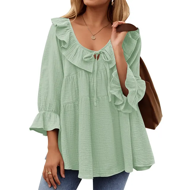 Round Neck Tied Front Dart Multi layer Loose Waist Shirt Mint Green - Shop at LoveMi