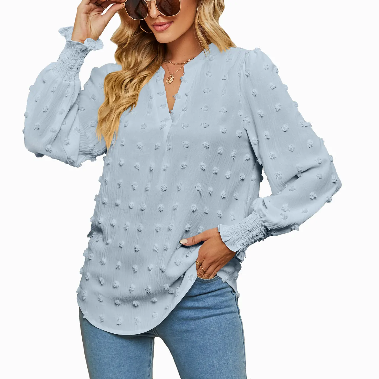 Dot Long-sleeved Bubble Sleeve V-neck Shirt Top - Light Blue