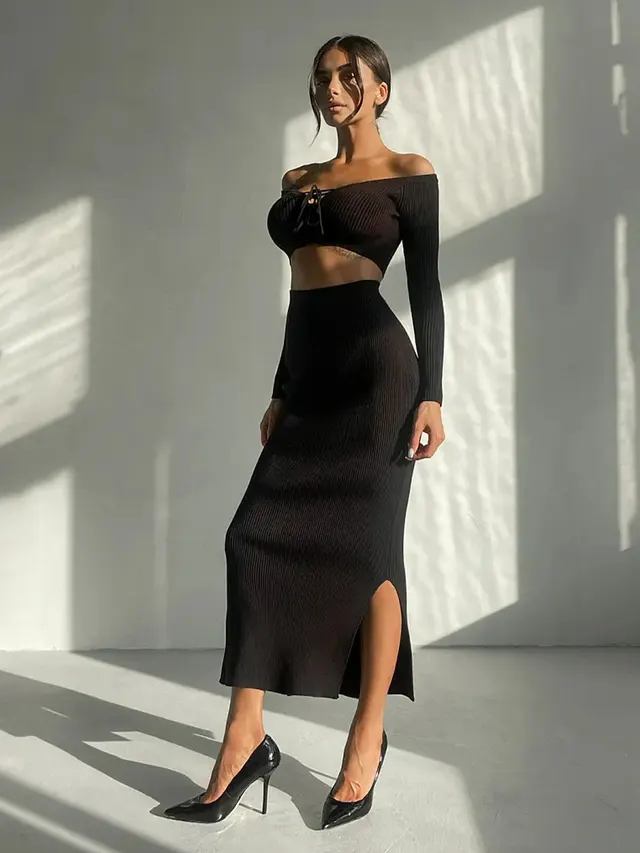 Autumn Winter Sexy Long Sleeve Sweater Dress Two piece Set Skinny Knit Black - Shop at LoveMi