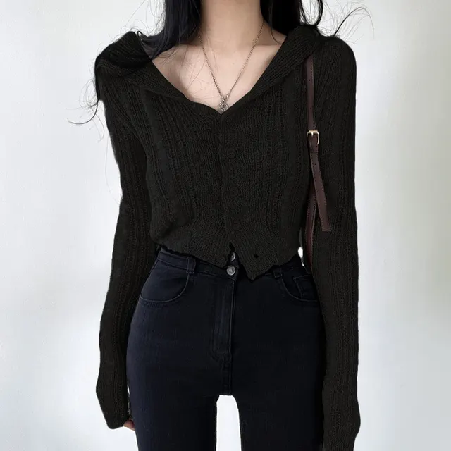 Retro V neck Single breasted Long Sleeve Short Knitted Cardigan Top Black - Shop at LoveMi
