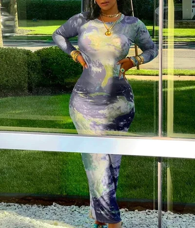 Fashion Women's Printed Wear Long Sleeve Narrow Dress Collarless 1 Xxl - Shop at LoveMi