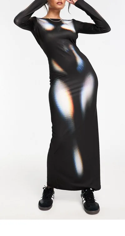 Fashion Women's Printed Wear Long Sleeve Narrow Dress Collarless 2 M - Shop at LoveMi