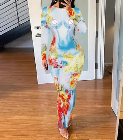 Fashion Women's Printed Wear Long Sleeve Narrow Dress Collarless 4 S - Shop at LoveMi