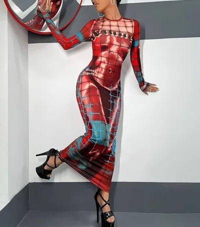 Fashion Women's Printed Wear Long Sleeve Narrow Dress Collarless 5 S - Shop at LoveMi