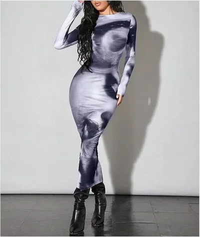 Fashion Women's Printed Wear Long Sleeve Narrow Dress Collarless 6 S - Shop at LoveMi