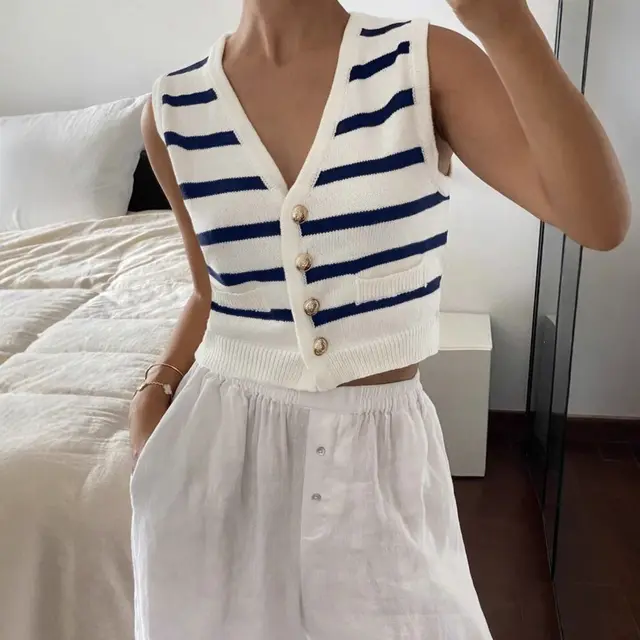 Spring And Summer Knitted Striped Vest Female Europe And America Cross Border Foreign Trade Blue - Shop at LoveMi