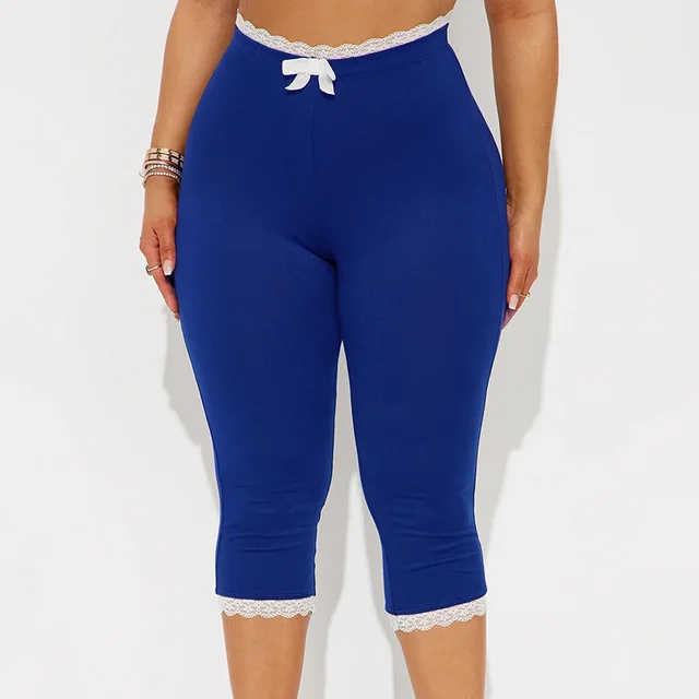 Sexy Lace Leopard Print Cropped Tight Straight leg Pants Blue - Shop at LoveMi