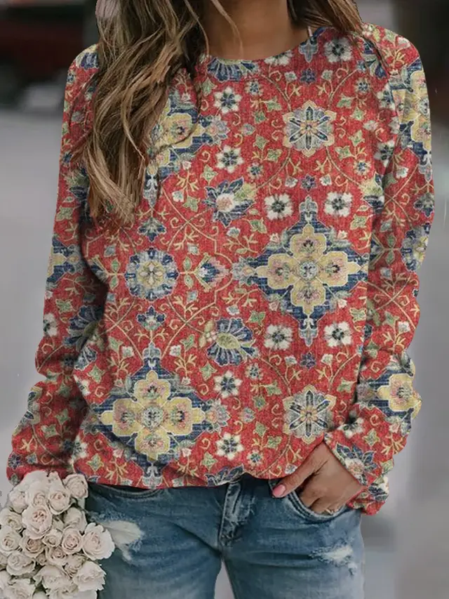 Casual Fashion Loose Ethnic Style Retro Long Sleeve Crew Neck Pullover Sweatshirt Figure 1 - Shop at LoveMi
