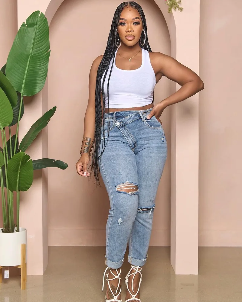Women's Ripped Cool Diagonal Zipper Jeans Light Blue - Shop at LoveMi