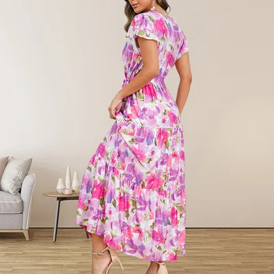 Fashion V neck Ruffle Bohemian Printing Dress Purple - Shop at LoveMi