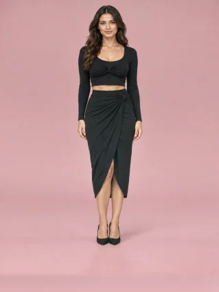 Tight High Waist Slit Skirt Two-piece Set - Black