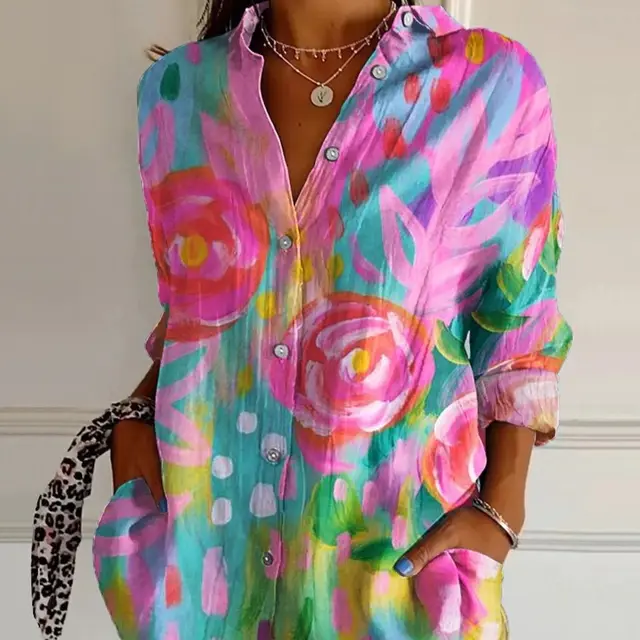 Striped Long sleeved Shirt Women's Rainbow Cardigan Contrast Color Coat Lapel Style 10 - Shop at LoveMi