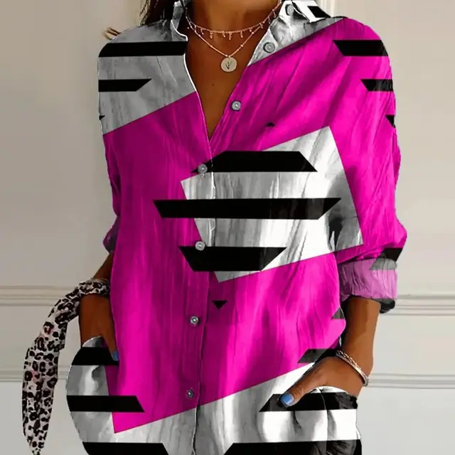 Striped Long sleeved Shirt Women's Rainbow Cardigan Contrast Color Coat Lapel Style 7 - Shop at LoveMi