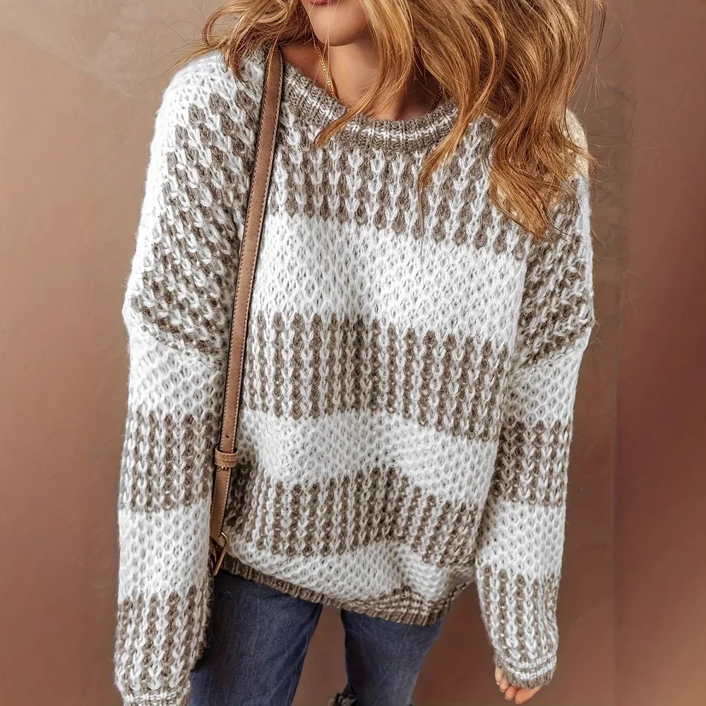 Women's Loose And Versatile Thick Striped Sweater Knitted Sweater Yellow - Shop at LoveMi