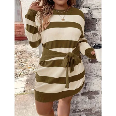 Plus Size Fashion Striped European And American Leisure Knitted Dress Color - Shop at LoveMi