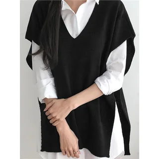All-matching Loose V-neck Plus Size Sweater Vest - Black