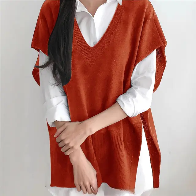 All-matching Loose V-neck Plus Size Sweater Vest - Orange Red