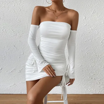 Flare Sleeve Tie neck Ruffle Hip Irregular Skirt White - Shop at LoveMi