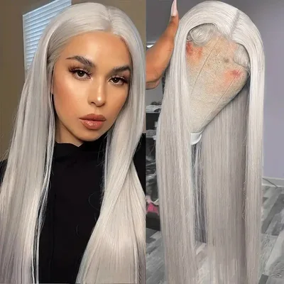 Piano Color Long Straight Wig Front Lace Full head Wig Silver Gray - Shop at LoveMi