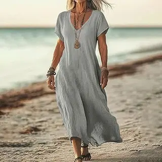Loose Solid Color And V-neck Cotton And Linen Dress - Gray