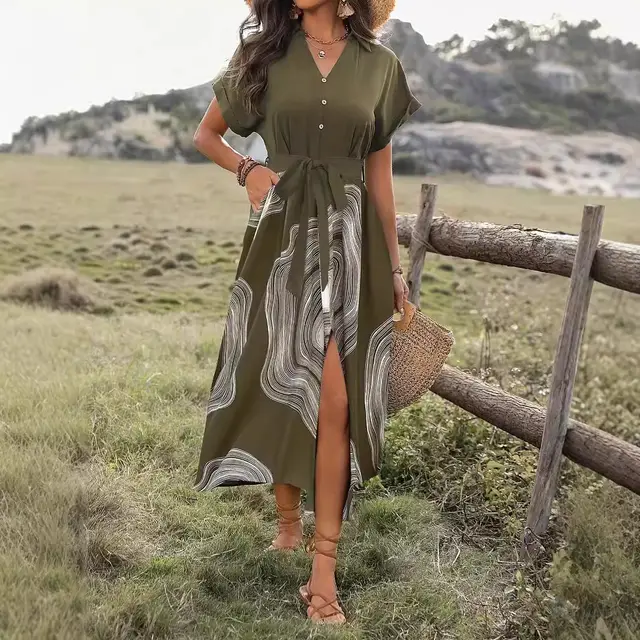 Summer Elegance Temperament Printed Dress Army Green - Shop at LoveMi