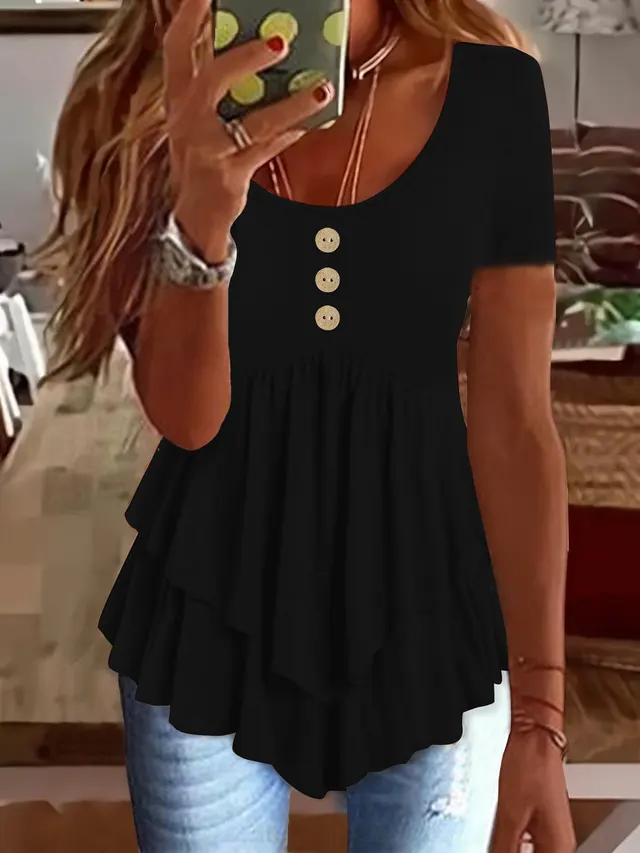 Fashion Three button Casual Solid Color Short Sleeve Black - Shop at LoveMi
