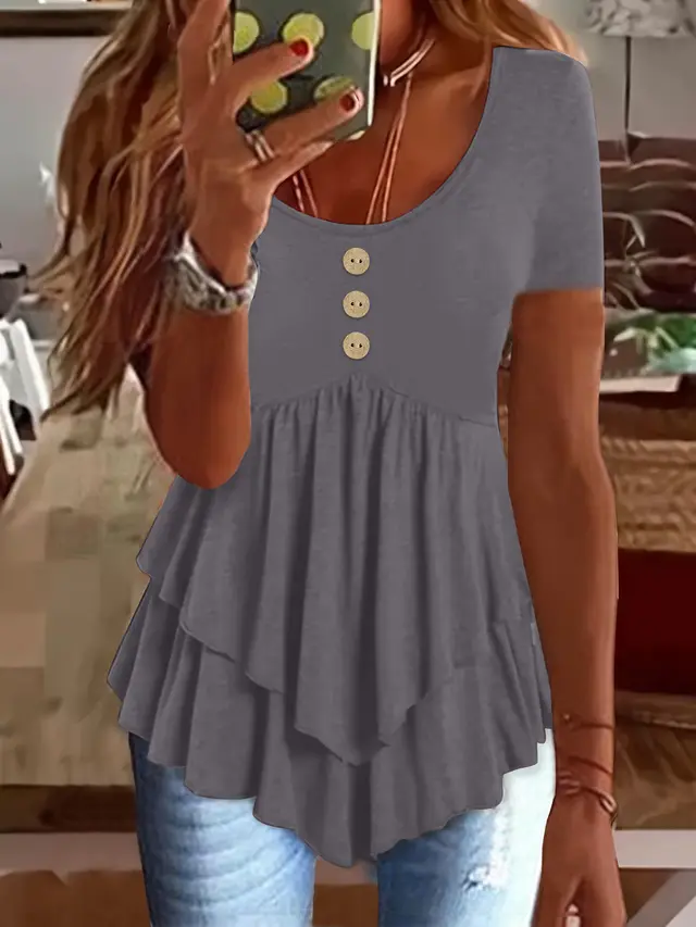 Fashion Three button Casual Solid Color Short Sleeve Gray - Shop at LoveMi
