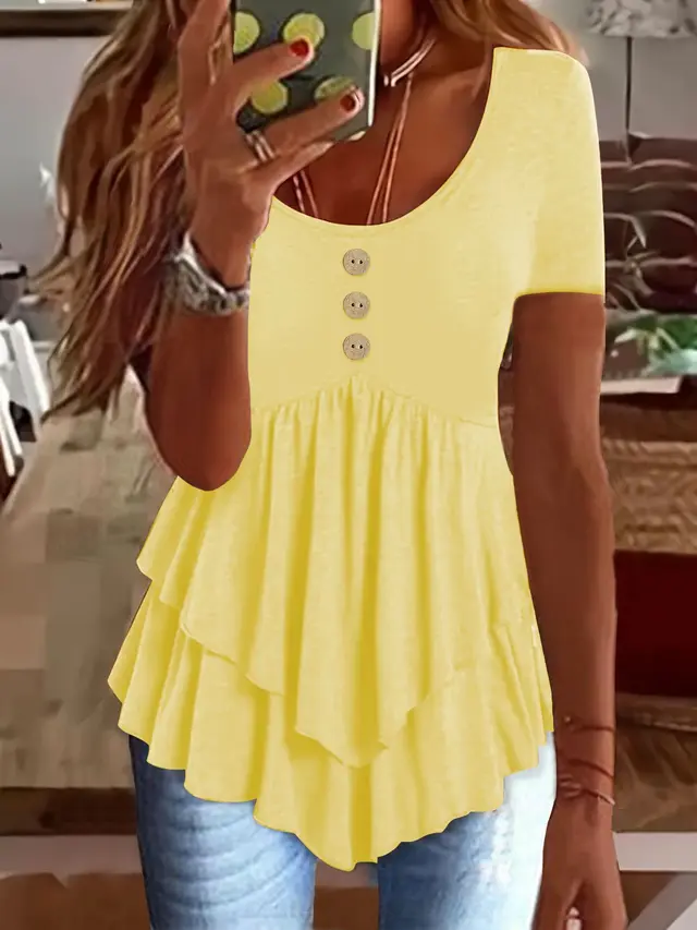 Fashion Three button Casual Solid Color Short Sleeve Yellow - Shop at LoveMi