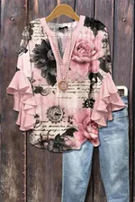 Women's Creative Printing Casual V-neck Lotus Sleeve T-shirt - Style 1-M