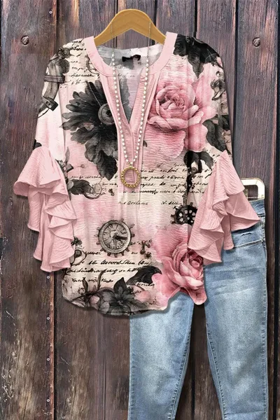 Women's Creative Printing Casual V neck Lotus Sleeve T shirt Style 1 Xxl - Shop at LoveMi